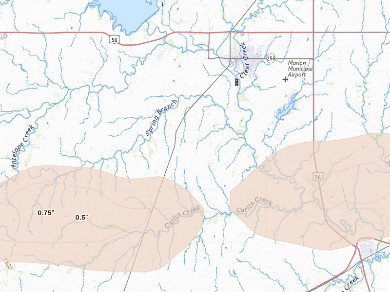 Radar-estimated hail-size map of the storm over Marion, KS on Mar 1, 2026