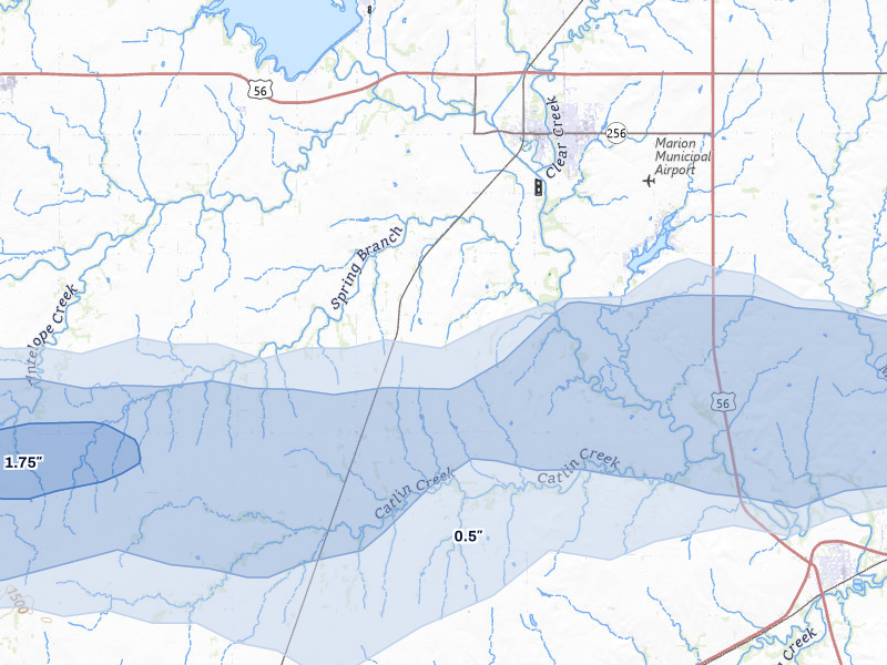 NEXRAD radar-signature map of the hail storm over Marion, KS on Mar 1, 2026
