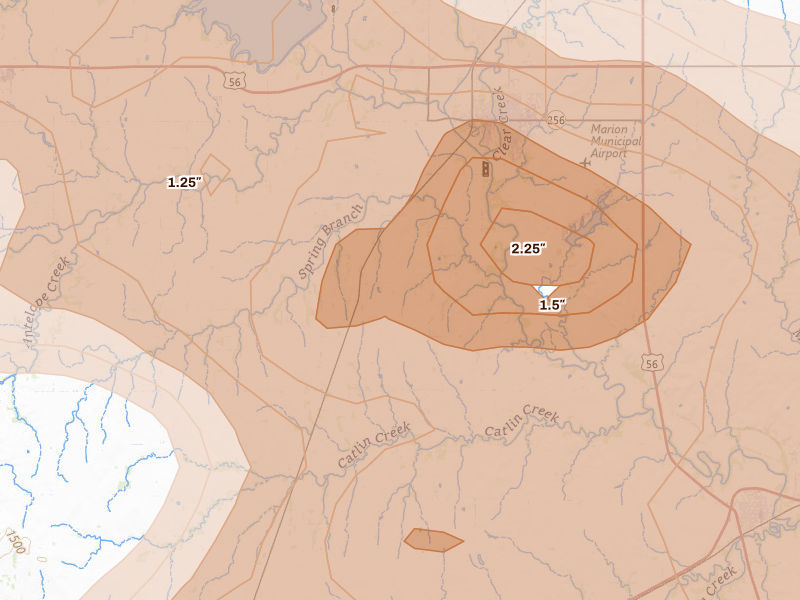 Radar-estimated hail-size map of the storm over Marion, KS on Apr 23, 2026
