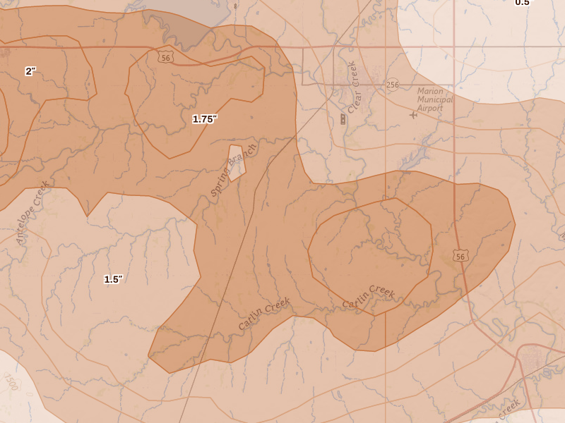 Radar-estimated hail-size map of the storm over Marion, KS on Apr 26, 2026
