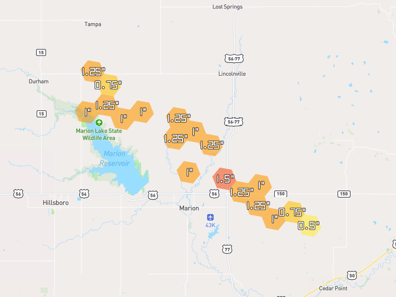 Hail map of Marion, KS on Jun 1, 2026, hail up to 1.5"