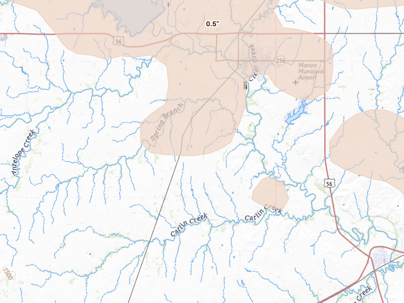 Radar-estimated hail-size map of the storm over Marion, KS on Jun 8, 2026