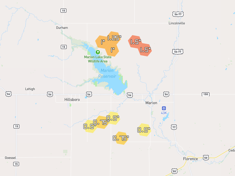 Hail map of Marion, KS on Jun 9, 2026, hail up to 1.5"