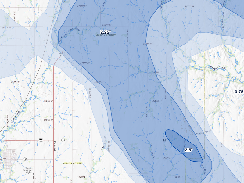 NEXRAD radar-signature map of the hail storm over Marion, KS on Aug 6, 2026