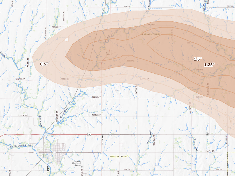 Radar-estimated hail-size map of the storm over Marion, KS