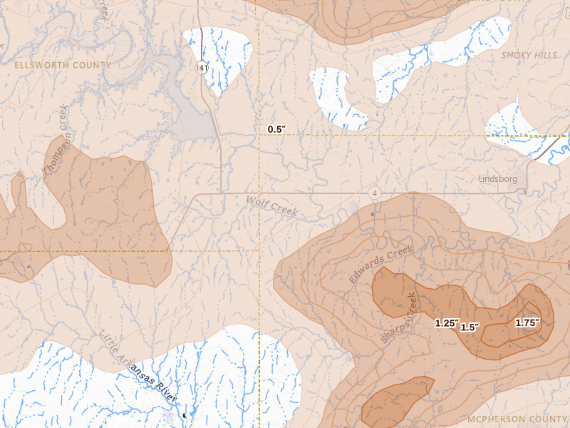 Radar-estimated hail-size map of the storm over Marquette, KS on Apr 26, 2026