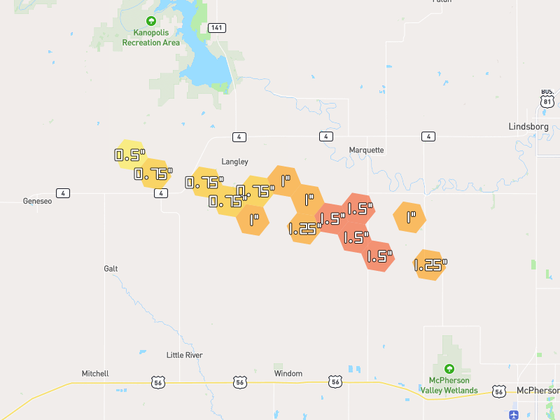Hail map of Marquette, KS on Jul 4, 2026, hail up to 1.5"