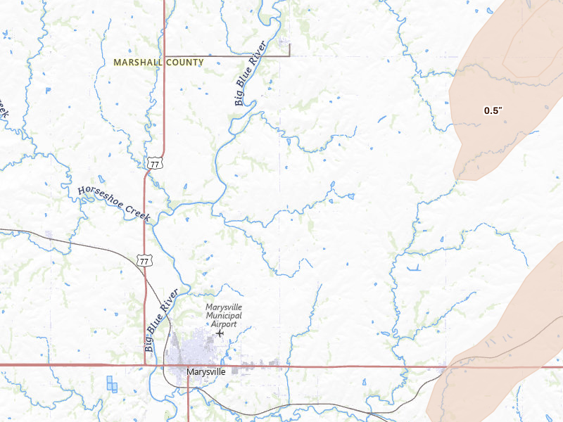 Radar-estimated hail-size map of the storm over Marysville, KS on Apr 23, 2026
