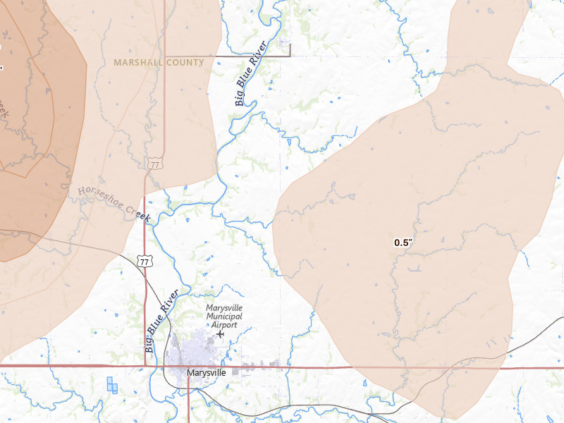 Radar-estimated hail-size map of the storm over Marysville, KS on May 17, 2026