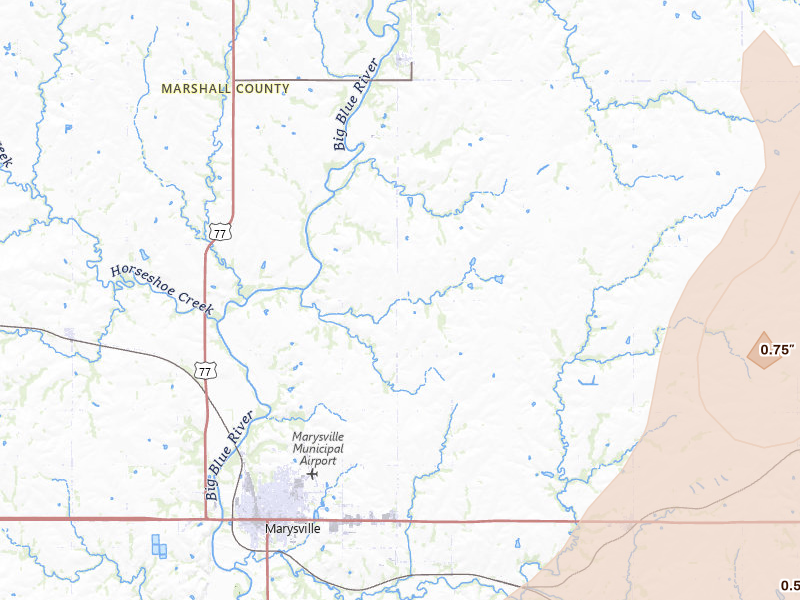 Radar-estimated hail-size map of the storm over Marysville, KS on May 18, 2026