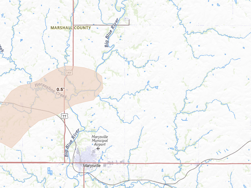 Radar-estimated hail-size map of the storm over Marysville, KS on Jul 3, 2026
