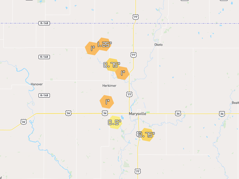 Hail map of Marysville, KS on Jul 4, 2026, hail up to 1.25"
