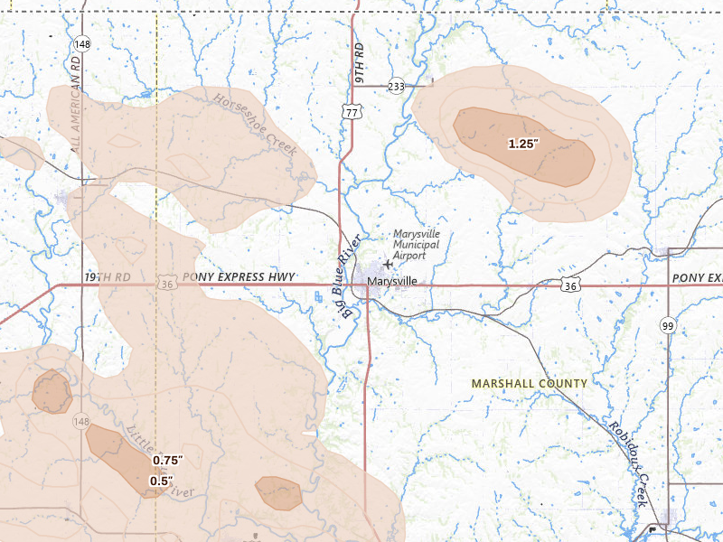 Radar-estimated hail-size map of the storm over Marysville, KS on Aug 6, 2026