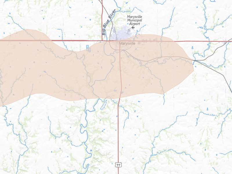 Radar-estimated hail-size map of the storm over Marysville, KS on Aug 15, 2026