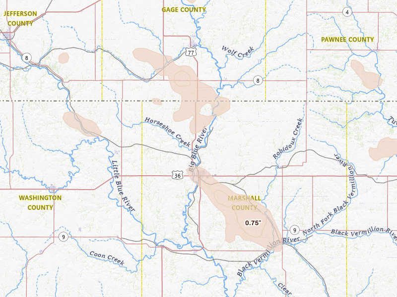 Radar-estimated hail-size map of the storm over Marysville, KS on Aug 19, 2026