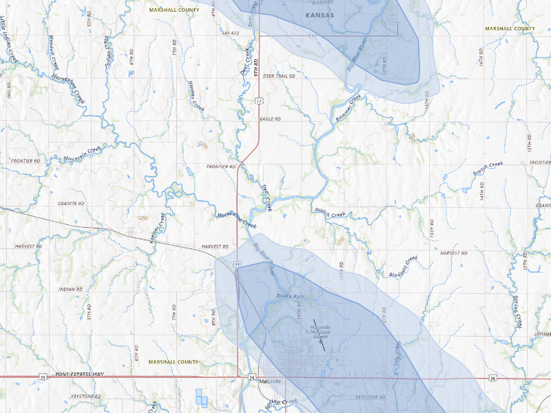 NEXRAD radar-signature map of the hail storm over Marysville, KS on Aug 19, 2026
