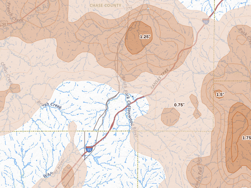 Radar-estimated hail-size map of the storm over Matfield Green, KS on Apr 26, 2026