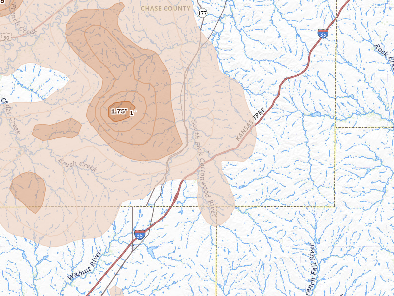 Radar-estimated hail-size map of the storm over Matfield Green, KS on Aug 6, 2026