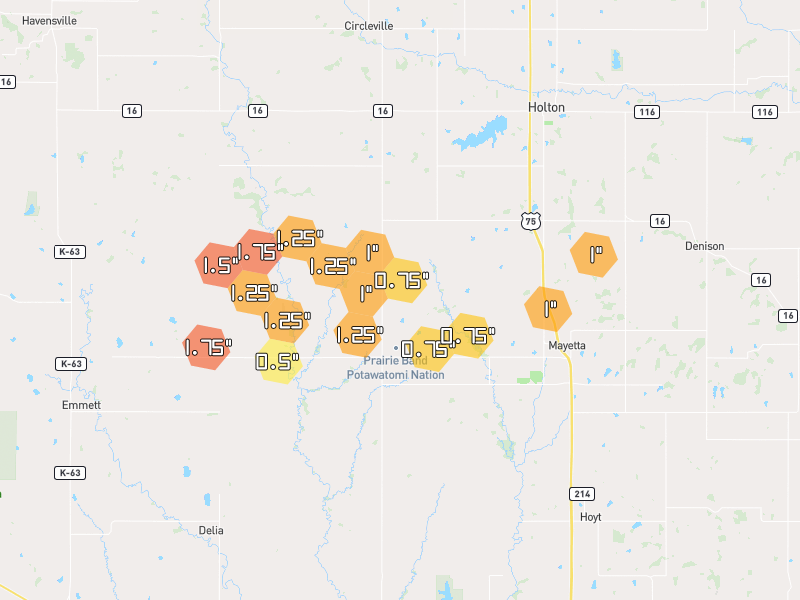 Hail map of Mayetta, KS on Jun 5, 2026, hail up to 1.75"