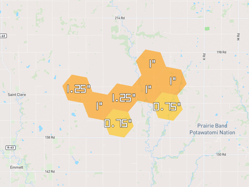 Hail map of Mayetta, KS on Jul 3, 2026, hail up to 1.25"