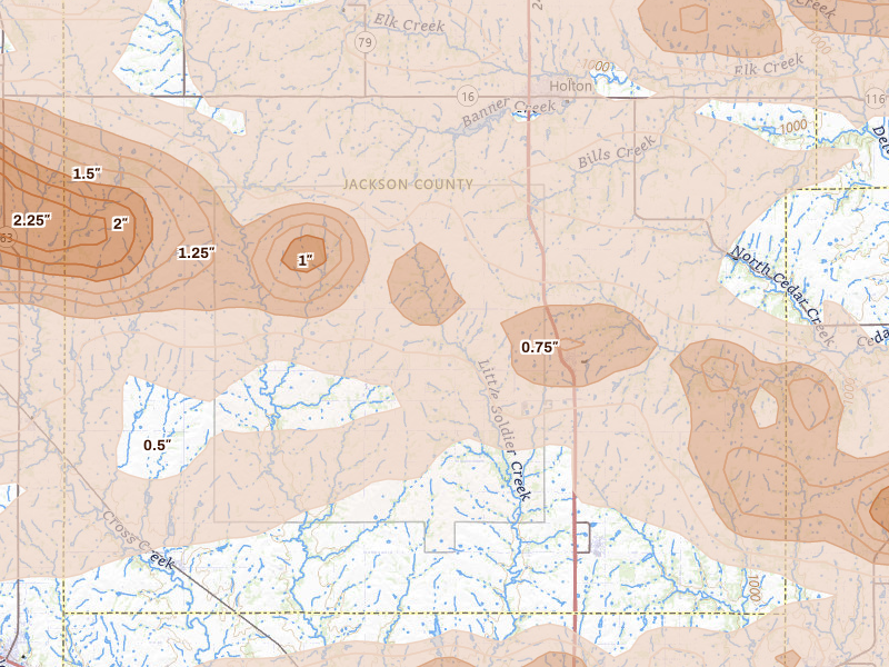 Radar-estimated hail-size map of the storm over Mayetta, KS on Aug 18, 2026