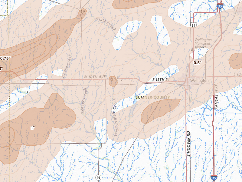 Radar-estimated hail-size map of the storm over Mayfield, KS on Apr 17, 2026