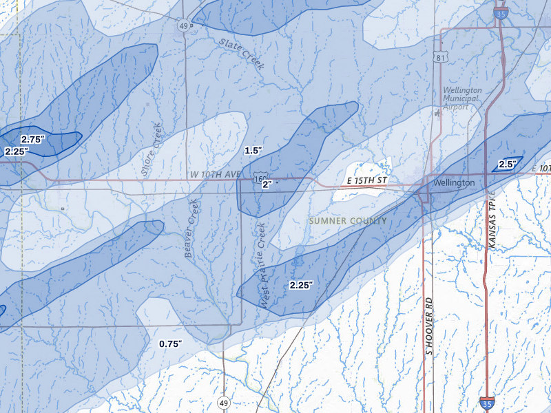 NEXRAD radar-signature map of the hail over Mayfield, KS