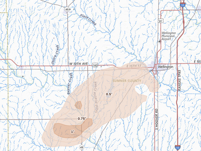 Radar-estimated hail-size map of the storm over Mayfield, KS on Apr 23, 2026