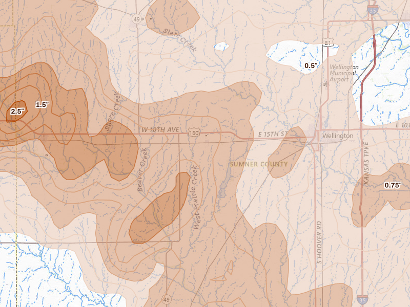 Radar-estimated hail-size map of the storm over Mayfield, KS on May 18, 2026