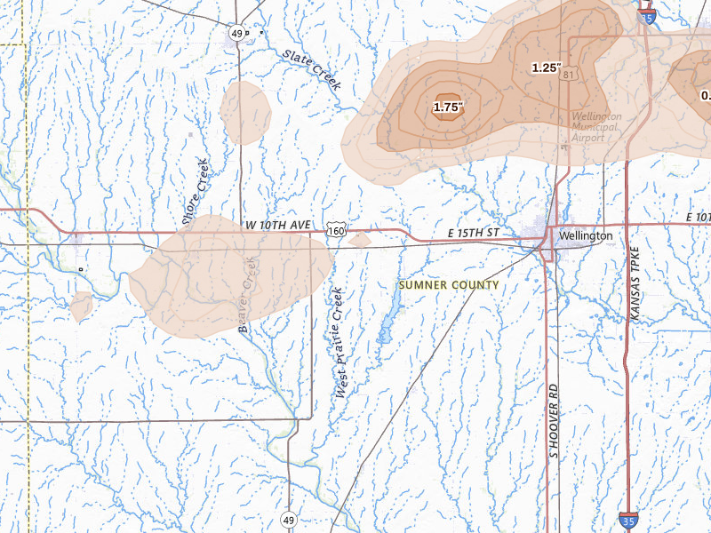 Radar-estimated hail-size map of the storm over Mayfield, KS on Jul 9, 2026