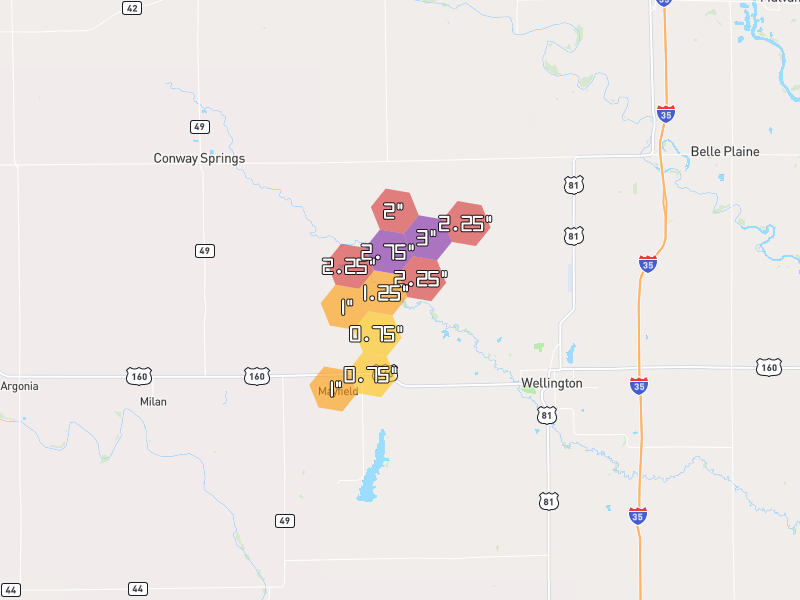 Hail map of Mayfield, KS on Jul 9, 2026, hail up to 3"