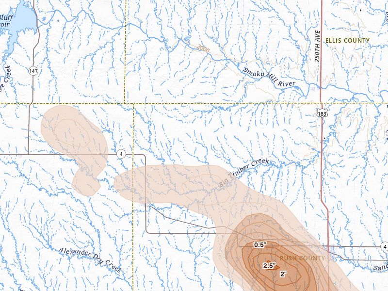 Radar-estimated hail-size map of the storm over Mc Cracken, KS on Apr 25, 2026