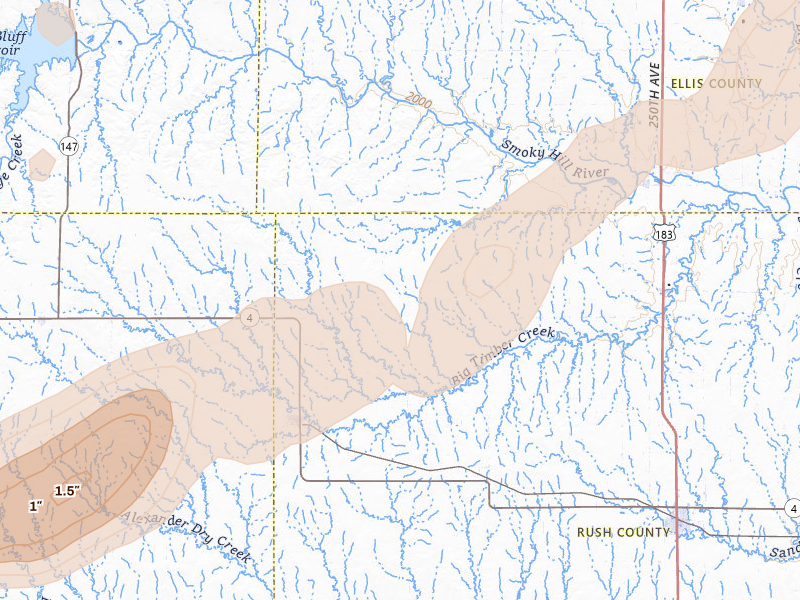 Radar-estimated hail-size map of the storm over Mc Cracken, KS on Apr 26, 2026