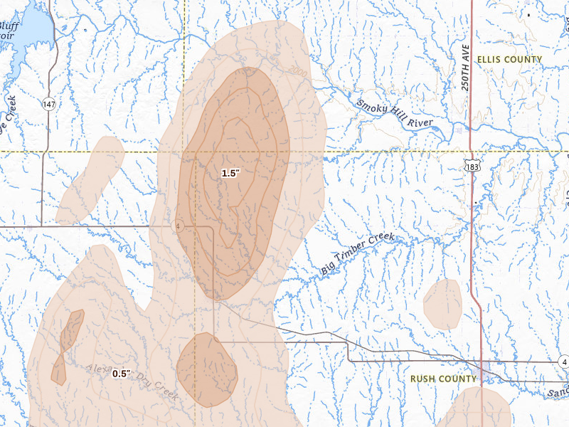 Radar-estimated hail-size map of the storm over Mc Cracken, KS on May 30, 2026