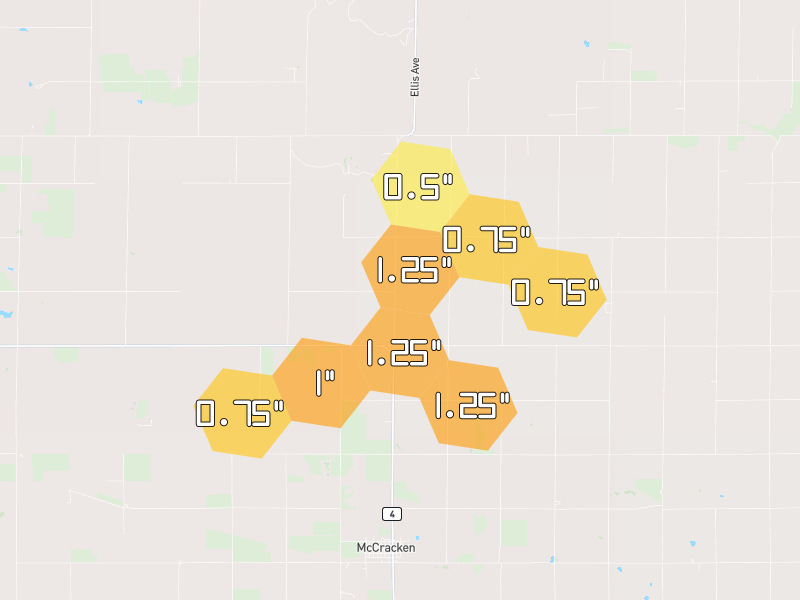 Hail map of Mc Cracken, KS on Jun 2, 2026, hail up to 1.25"