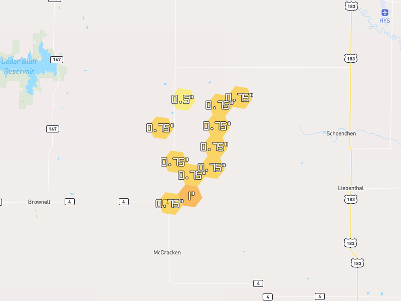Hail map of Mc Cracken, KS on Jun 3, 2026, hail up to 1"