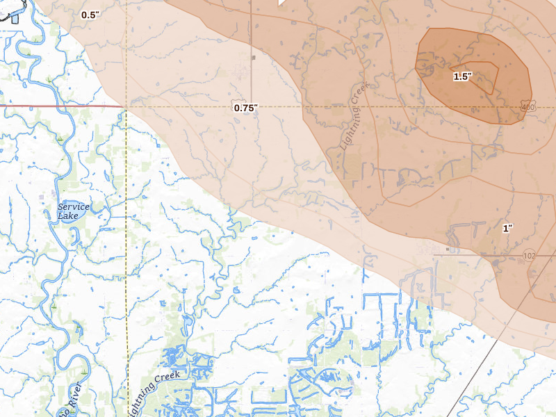 Radar-estimated hail-size map of the storm over Mc Cune, KS on Jun 25, 2026
