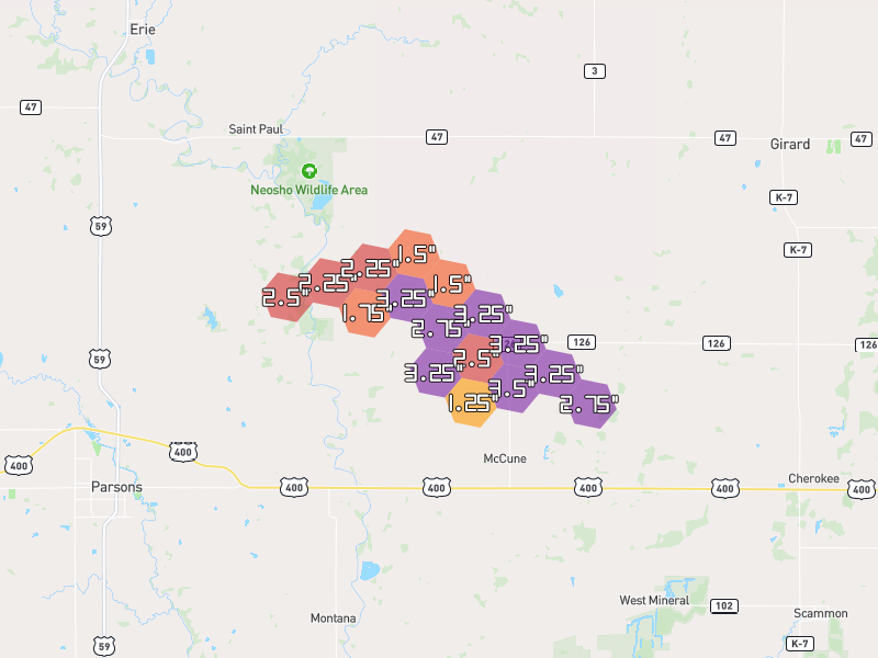 Hail map of Mc Cune, KS on Jun 26, 2026, hail up to 3.5"
