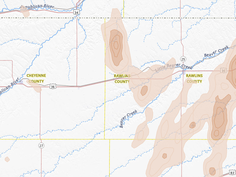 Radar-estimated hail-size map of the storm over Mc Donald, KS on May 29, 2026