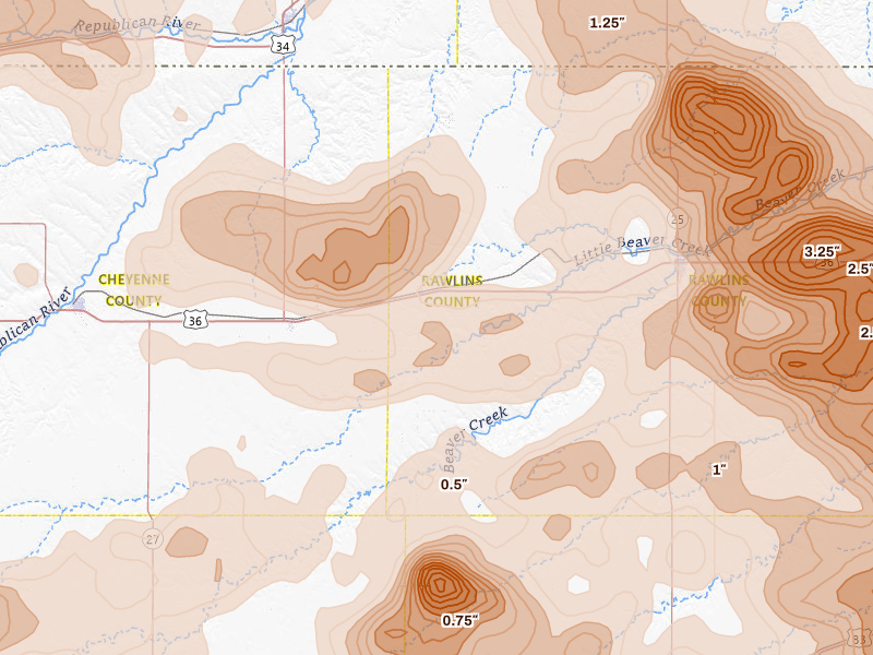 Radar-estimated hail-size map of the storm over Mc Donald, KS on Jun 20, 2026
