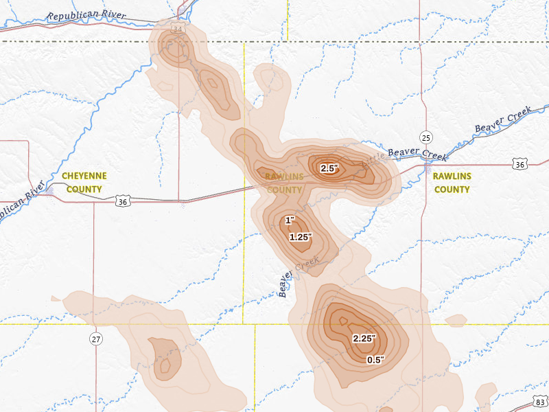 Radar-estimated hail-size map of the storm over Mc Donald, KS on Jul 9, 2026