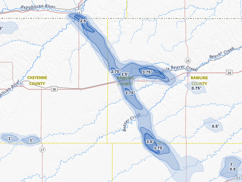 NEXRAD radar-signature map of the hail storm over Mc Donald, KS on Jul 9, 2026