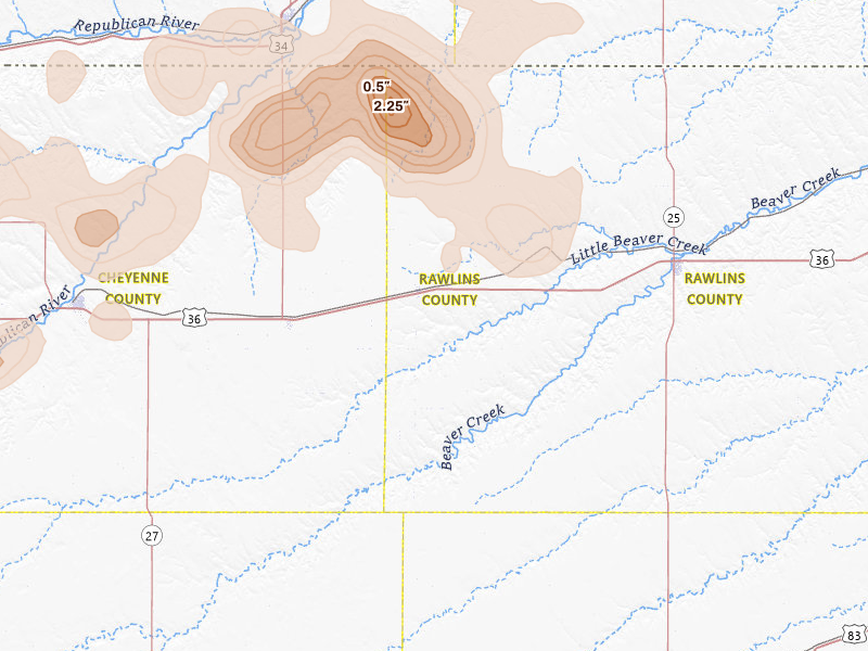 Radar-estimated hail-size map of the storm over Mc Donald, KS on Jul 27, 2026