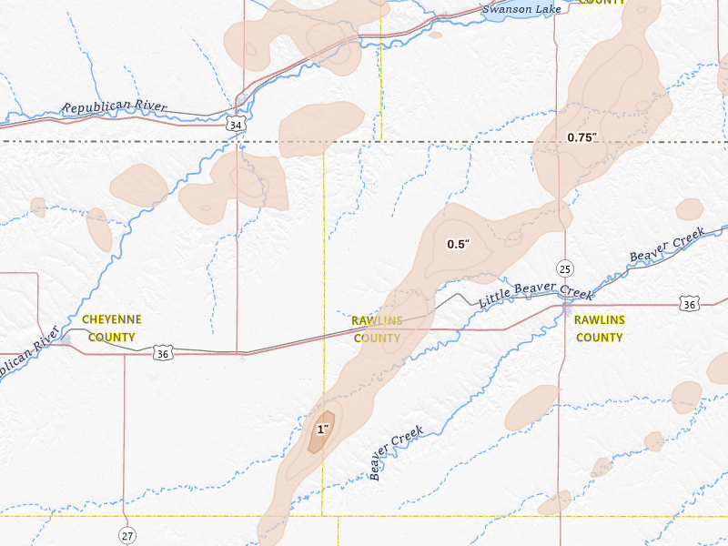 Radar-estimated hail-size map of the storm over Mc Donald, KS on Aug 14, 2026