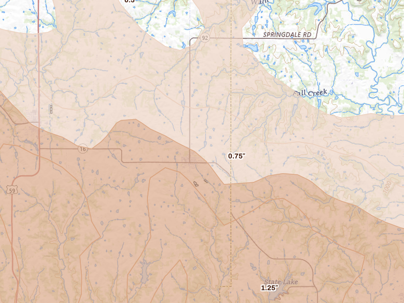 Radar-estimated hail-size map of the storm over Mc Louth, KS on Apr 26, 2026