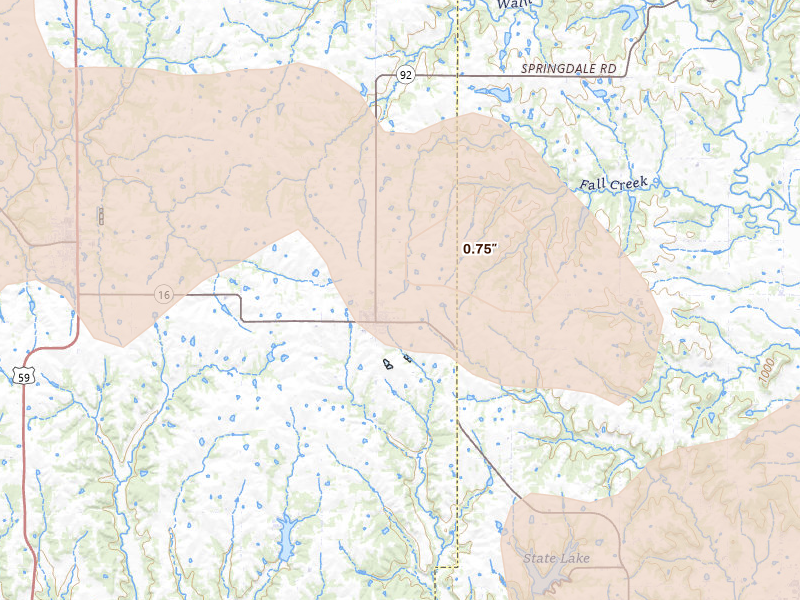 Radar-estimated hail-size map of the storm over Mc Louth, KS on Jul 8, 2026