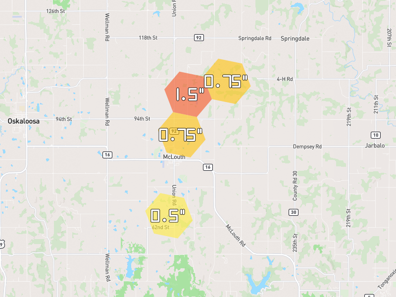 Hail map of Mc Louth, KS on Jul 9, 2026, hail up to 1.5"