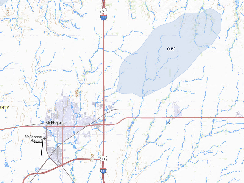 NEXRAD radar-signature map of the hail storm over Mcpherson, KS on Mar 1, 2026