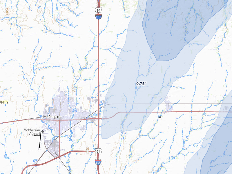 NEXRAD radar-signature map of the hail storm over Mcpherson, KS on Mar 5, 2026