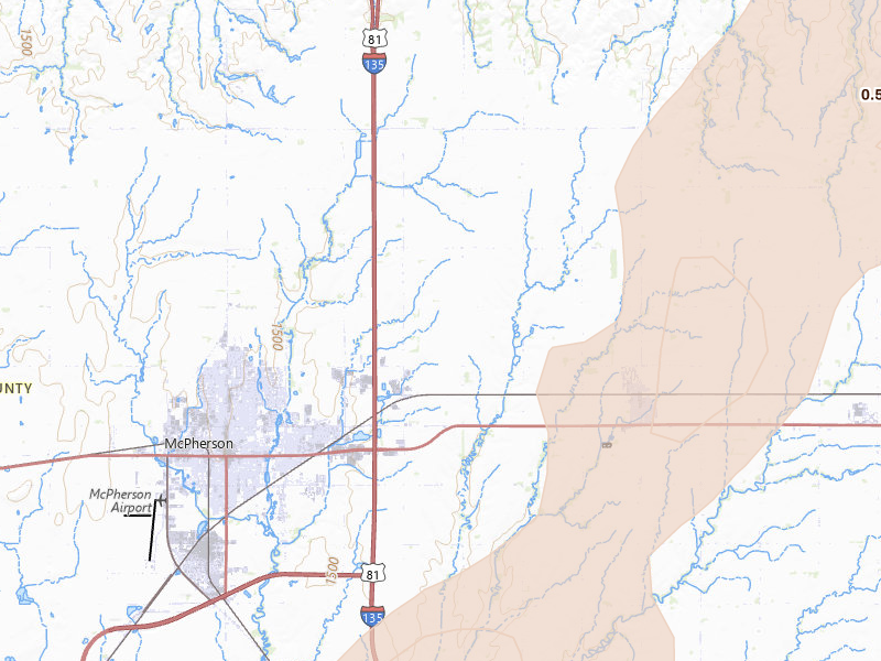 Radar-estimated hail-size map of the storm over Mcpherson, KS on Apr 23, 2026